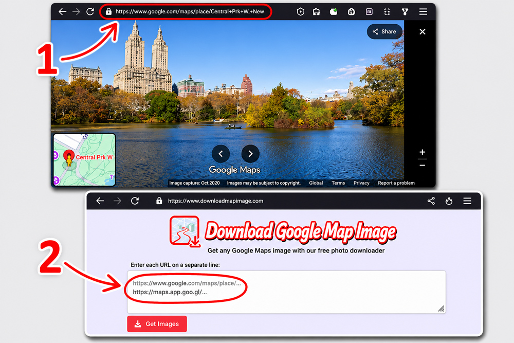 How to download Google Maps images on desktop – copy URL from browser address bar and paste into downloadmapimage.com