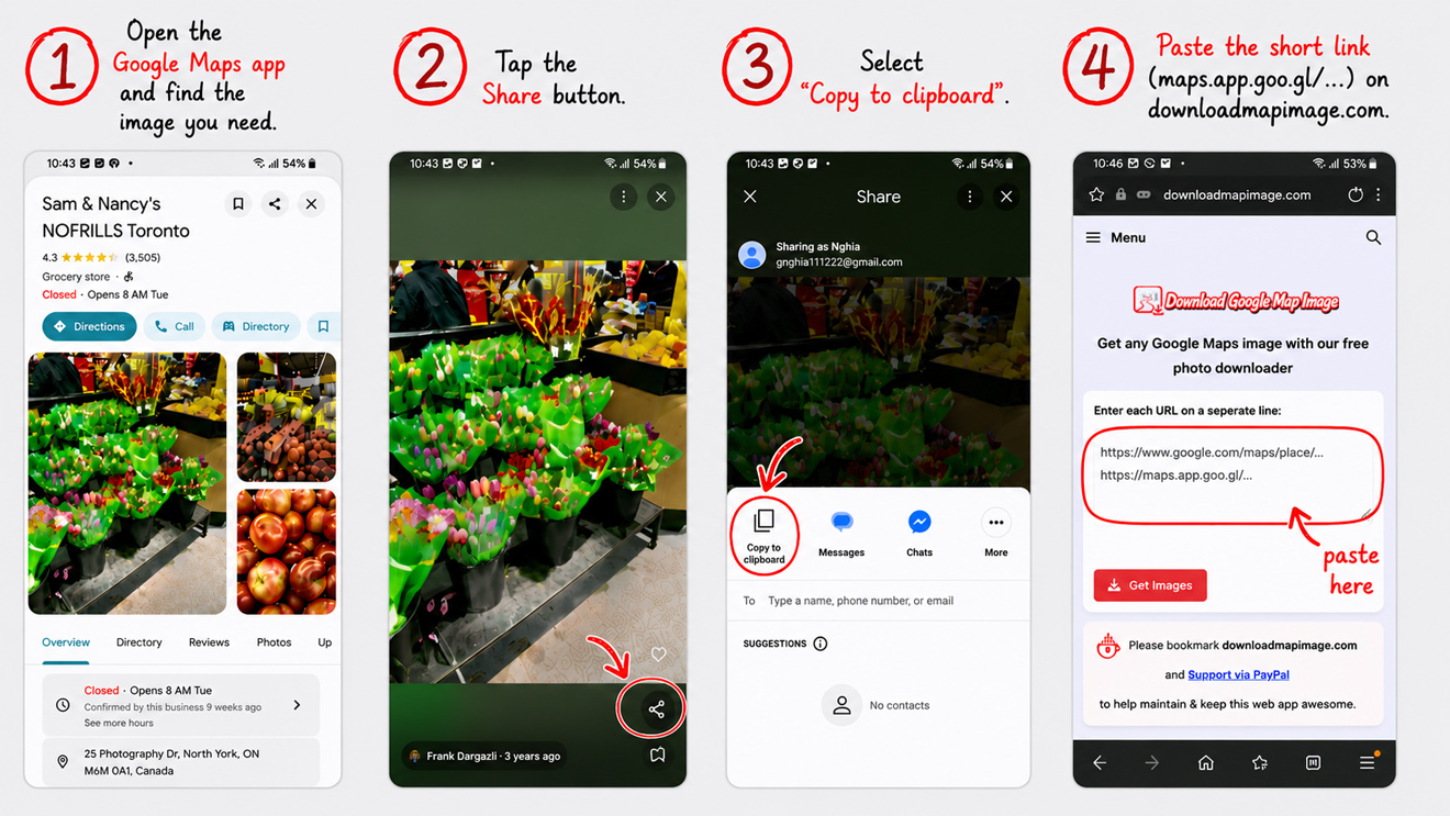 How to download Google Maps images on mobile – share link from Google Maps app and paste into downloadmapimage.com
